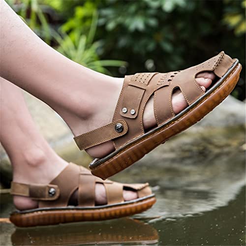 Leather Men Sandals Male Shoes Outdoor Casual Sandals Cowhide Beach Shoes Two Uses Men's Sandals(White-Patch Five-Pointed star4,41 Code)3