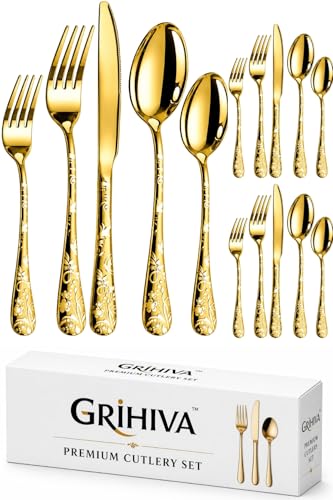 Image of 15 Pcs Gold Floaral Stainless Steel Cutlery Set for Dining Table with Spoons and Forks Set + Butterknives - The Perfect Tableware /Flatware