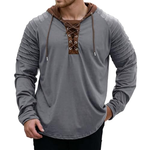 Wankang Tactical Hoodies for Men Trendy Lace Up Hoodies Pullover Long Sleeve Vintage Hooded Sweatshirt Trendy Streetwear Tops