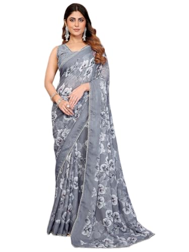 Image of Satrani Women's Georgette Floral Printed Saree with Unstitched Blouse Piece