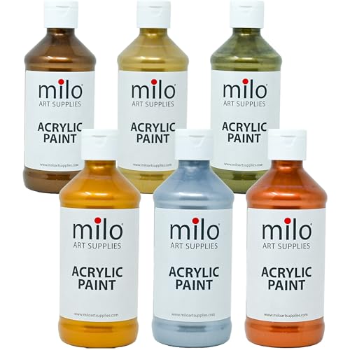 Image of milo Metallic Acrylic Paint Set, 6 Metallic Colors, 8 oz Bottles | Safe and AP Non-Toxic, Made in the USA, Arts & Crafts Paints for Artists, Student & Hobby Painters, Paint Pack, Multi-Media