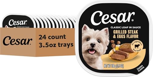 Image of Cesar Classic Loaf Wet Dog Food, Grilled Steak & Eggs, 3.5 oz, 24 Count | Real beef #1 ingredient, made in the USA, 100% complete & balanced, no fillers /added sugar /artificial flavor, easy peel trays