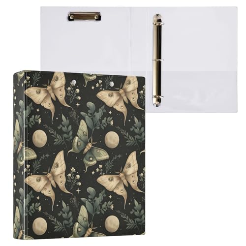 Image of Moon Moth Green Boho 3 Ring Binder with 2 Interior Pockets 1.5 inch Binders 3 Ring Heavy Duty Fit 8.5 inch x 11 inch Letter Size for Office School, 2 Pack
