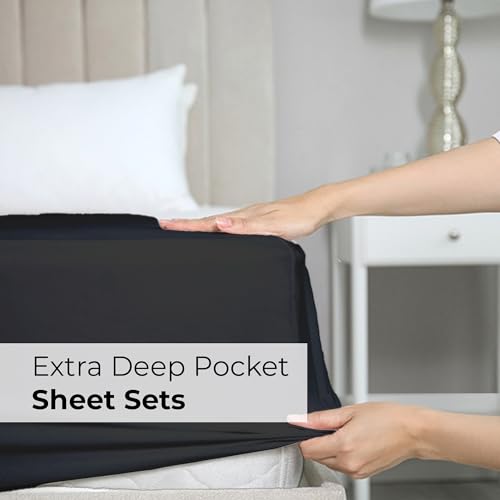 Extra Deep Cal King Sheet Set - 6 Piece Breathable & Cooling Sheets - Hotel Luxury Bed Sheets Set - Easy & Secure Fit - Soft, Wrinkle Free & Comfy Sheets Set - Black Sheet Set with Extra Deep Pockets - 6