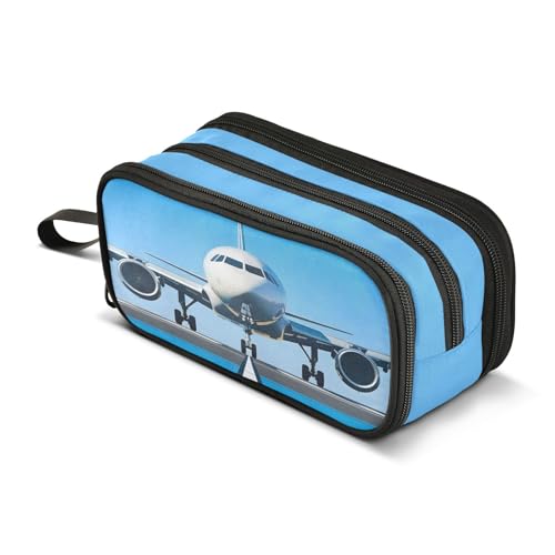 Image of White Airplane Aircraft Pencil Case Box Boys Girls Large Pencil Pouch Zipper Compartments Big Capacity Stationery Pen Bag Organizer for Kids Teens Adults School Office