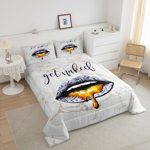 Image of Feelyou US Dollars Sexy Lips Bedding Set King Size, Get Naked Lips Comforter Set for Kids Golden Marble Comforter Boys Girls Funny Get Naked Duvet Set Bed Set 3Pcs