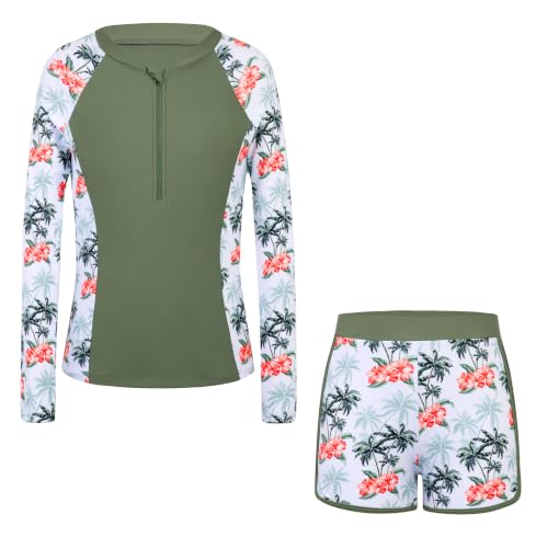 Dolxico Girls Rash Guard Swimsuits 2 Piece Long Sleeve Bathing Suits UPF 50+ Half Zip Printed Boyshorts for Tweens Girls' Summer Swimwear Size 11-12 Years(Green Coconut Tree)