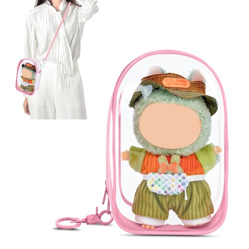 Image of NZNDB Large Clear Figure Display Bag with Keychain Case Blind Box Keychain Carrying Case, Portable Small Doll Storage Pouches PVC Bag (Pink Standing)
