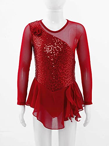 Oyolan Kids Girls Skater Figure Ice Skating Lreotard Dress Mesh Splice Athletic Gymnastic Ballet Dancewear Red B 14 Years #TOP2