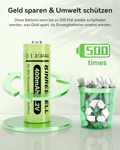 KINREECELL 2/3AAA Solar Batterie, 2/3AAA 400mAh NI-MH-Akku mit hoher Kapazität, 2/3AAA 1.2v Akku mit geringer Selbstentladung für Außen-Solarleuchten (2/3AAA 400mAh 4er Pack)