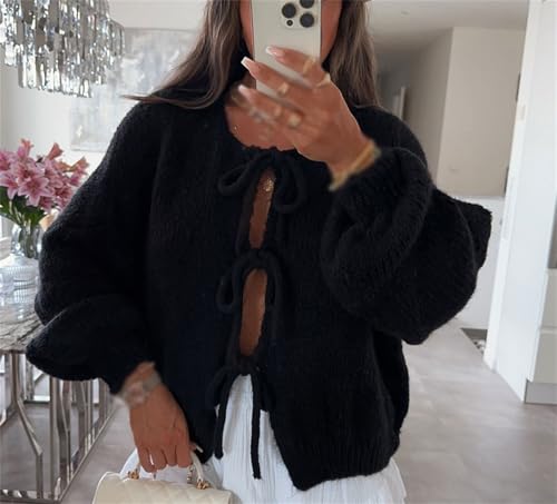 Image of Women Knitted Tie Front Cardigan Tops Casual Knitwear Top Long Sleeve Open Front Baggy Sweater Y2k Girls Outwear
