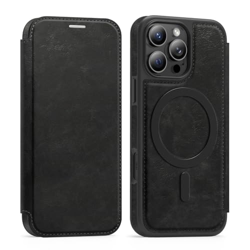Étui iPhone 16 Pro Unichthy coque à rabat cuir MagSafe avec porte-cartes noir
