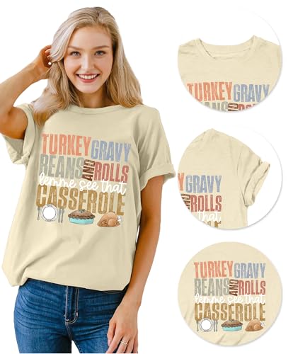 Image of Thanksgiving Shirts Women Turkey Gravy Beans and Rolls Tshirts Funny Turkey Graphic T-Shirt Family Thanksgiving Tops