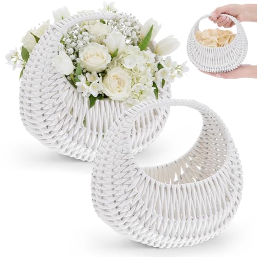 Image of Taiyin 2 Pack Rattan Flower Girl Basket Half Moon Straw Wicker Basket with Handle 6.7 inch x 6.5 inch x 4.3 inch Ideal for Wedding Flower Girl, Picnic, Garden Storage and Home Decor (White)