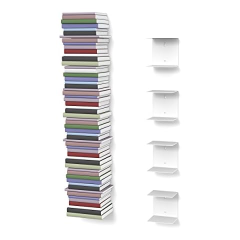 Home3000 4 White Invisible Book Shelves with 8 Compartments, Height up to 200cm, Depth up to 22cm, Stacking for Books Cover