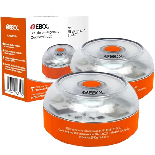 EBOX Luz Emergencia V16 Homologada DGT con Geolocalización, Baliza Coche Conectada DGT 3.0, Datos Incluidos hasta 12/2038, Pack 2 Unidades