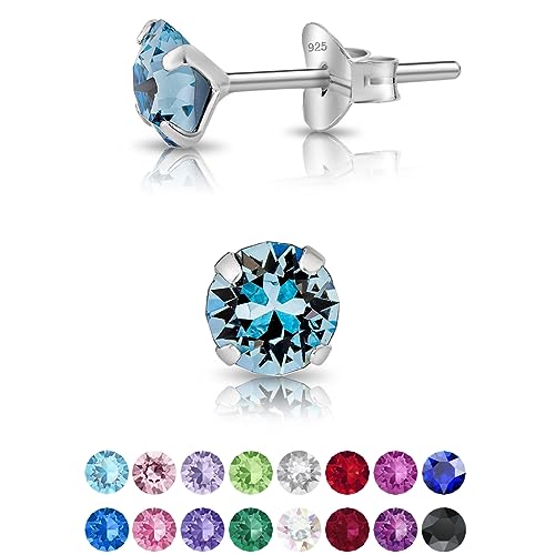 Swarovski Pendientes Azules Aguamarina - Aretes de Mujer Plata de Ley 925 con Cristales Swarovski 5 mm - Pendientes Colores Mujer - Pendientes Azul Marino