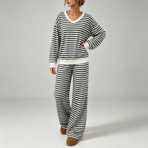 Striped Sweat Suit Women Long Sleeve V Neck Sweatshirt And Pants Tracksuit | Women's Matching Sweatsuit Sets Wide Leg Sweatpants And Lightweight Vneck Pullover Tops Oversized Lounge Sets 2 Piece Outfits - image 5