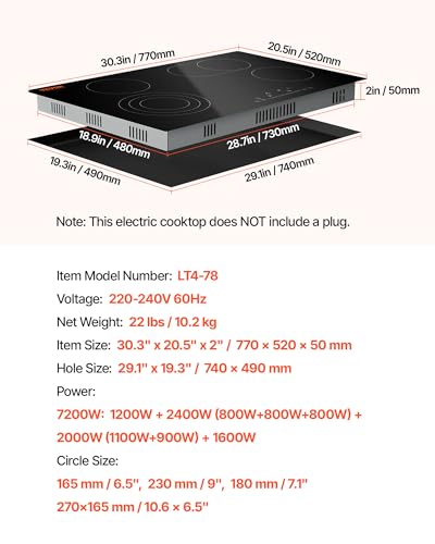Image of VEVOR Built in Electric Stove Top, 30inch 4 Burners, 240V Glass Radiant Cooktop with Sensor Touch Control, Timer & Child Lock Included, 9 Power Levels for Simmer Steam Slow Cook Fry