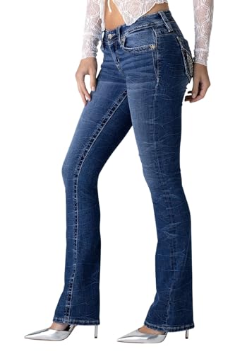 Miss Me Women's Frankie Wing Embellished Faux Flap Pockets Low-Rise Bootcut Jeans3
