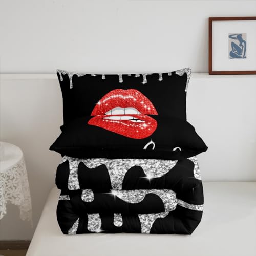 Image of Feelyou Red Sexy Lips Bedding Set Full, Diamond Get Naked Comforter Set Glitter Lips Comforter for Kids Toddler Funny Get Naked Duvet Set 3Pcs Reversible