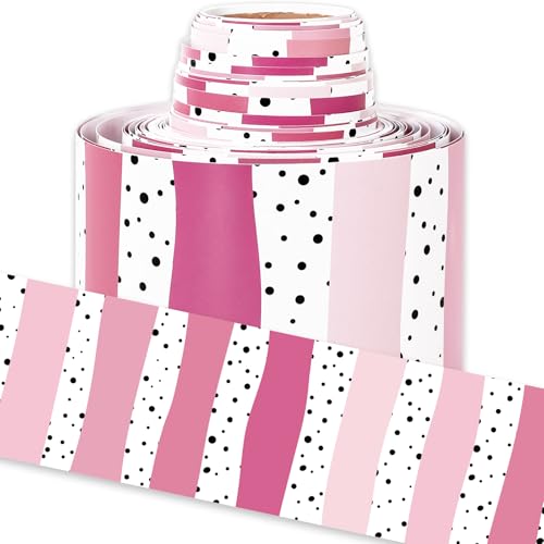 Image of Whaline 32.8ft Classroom Bulletin Board Borders Gradient Pink Color Stripe Polka Dot Die-Cut Rolled Border Trim for Teacher Chalkboard Wall Decoration