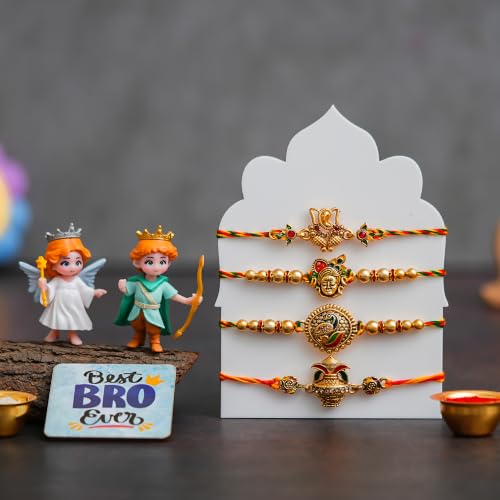 Image of eCraftIndia Set of 4 Designer Rakhi with Cute Angel & Prince Showpiece & Best Bro Ever Fridge Magnet | Premium Raksha Bandhan Gift Set for Brother | Roli Chawal Included