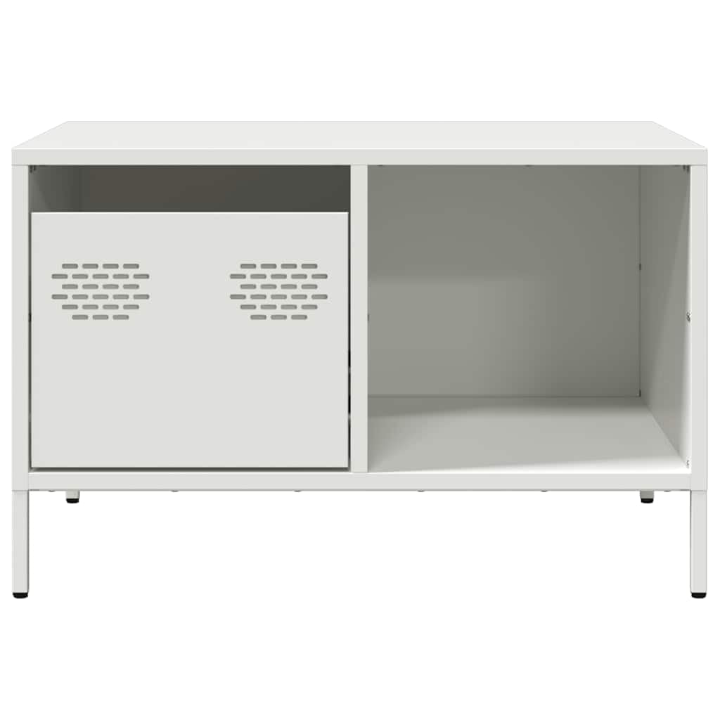 Mesa de centro blanca 68,5 × 50 × 43,5 cm, acero frío, altura regulable, 1 cajón y estante, pequeña mesa auxiliar