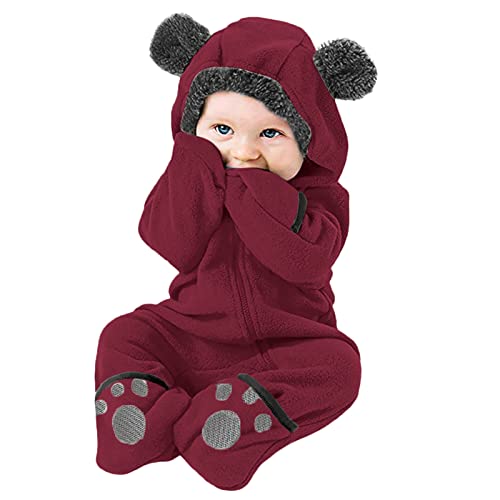 Newborn Baby Fleece Footed Jumpsuit Hooded Pramsuit Winter Snowsuit for Infant Boys Girls Bear (Wine, 3-6 Months)