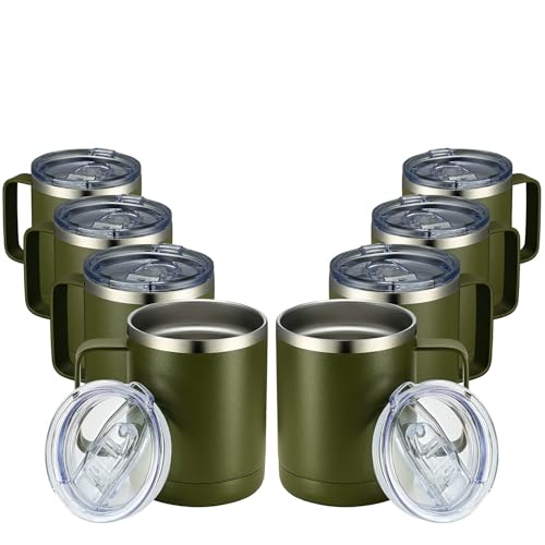 MEWAY 12oz Coffee Mug With Handle 8 Pack Bulk,Stainless Steel Insulated Travel Tumblers With Sliding Lid,Double Wall Vacuum Camping Cup for Hot & Cold Drinks Tea (Army Green,Set of 8)