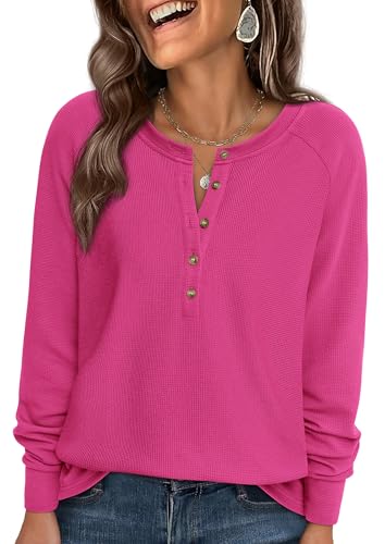 Image of PRETTYGARDEN Women's Long Sleeve Waffle Knit Henley Shirts Loose Tunic Tops