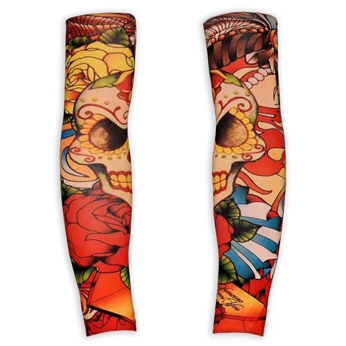 WIDMANN 29357 - Par De Mangas De Tatuaje Skull & Roses, Unisex Adulto, Color Piel, Prisionero, Chulo, Rockero, Motero, Carnaval, Talla Única