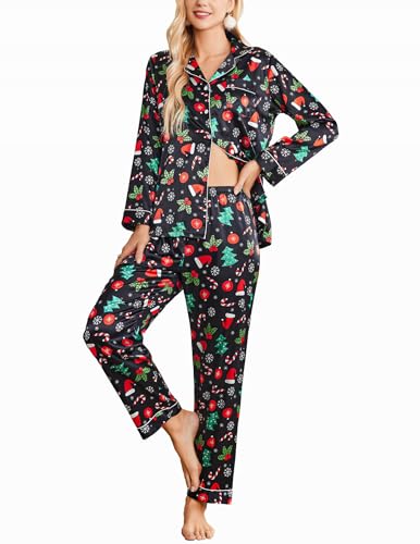 Ekouaer Womens Satin Pajama Set Classic Pattern Silky Pj Sets Button Down Sleepwear Loungewear,Small,Black Chirstmas Pattern