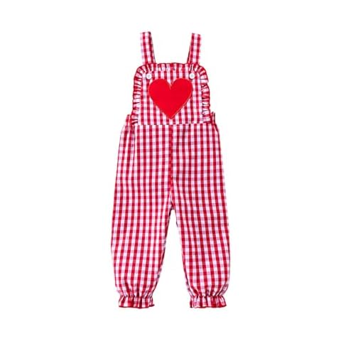 Thilsidee Toddler Baby Girl Valentines Day Heart Overalls Romper One Piece Ruffle Plaid Strap Jumpsuit Outfit Holiday Clothes (A-Red, 18-24 Months) Cover