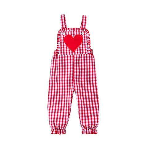BSaogr Baby Girl Overalls Plaid Pants Valentine’s Day Outfit Cute Heart Printed Romper Suspender Pants Jumpsuit (Red, 0-6 Months)