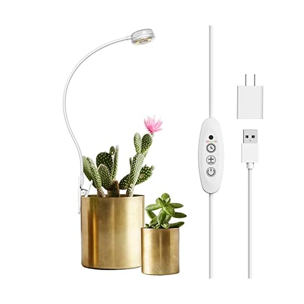 SANSI Grow Lights for Indoor Plants, Pot Clip LED Plant Lights for Indoor Growing, Full Spectrum, Plant Lamp with 4-Level Dimmable, Auto On Off 3 6 12 Hrs Timer for Succulents, Small Plant, White, 5V.
