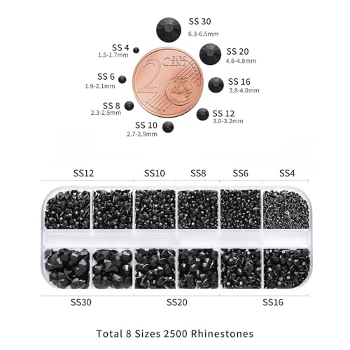 Beadsland 2500 szt., czarne płaskie kryształki, okrągłe, czarne, kryształowy stras, do majsterkowania, do paznokci, 8 rozmiarów SS4–SS30, z pęsetą i aplikatorem (Black)