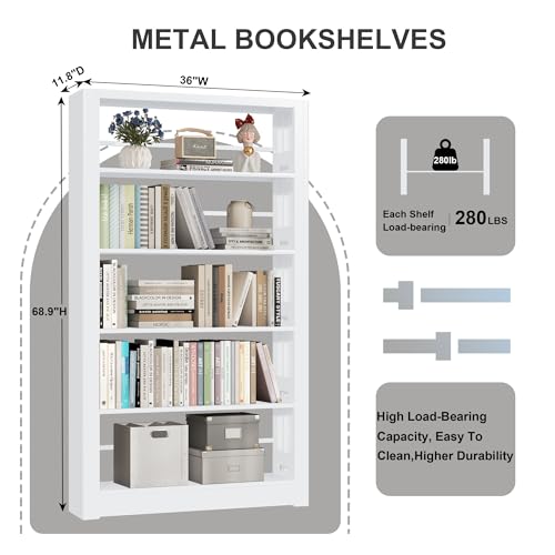 Image of VASAAOSD White Bookshelf, 5 Tier Tall Bookshelf, Metal Bookshelves and Bookcases with Adjustable Shelves, Large Bookshelf Open Display Shelves with for Study, Office, Corner (69 inch H)