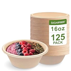[125 Count]Sugarfiber by Harvest Pack 16oz Round Paper Bowls – Compostable Heavy-Duty Eco-Friendly Disposable Bagasse Bowls Sugarcane Natural plant fibers for Meal Prep Takeout Dinnerware