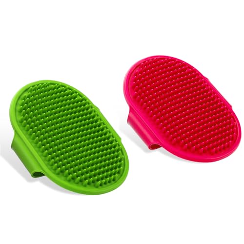 cobee Hundepflegebürste Katzen Haarbürste, 2 Stück Silikonkautschuk Haustier Badebürsten mit verstellbarem Riemen Griff Gummi Dusche Bürste Haustier Bad Bürste Kamm Welpe Massage Bürste (Rosa Grün)