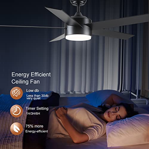 Pochfan 52 Inch Black Ceiling Fans With Lights And Remote Control, Dimmable 3-Color Ceiling Fan With Light, Wooden Quiet Reversible Modern Ceiling Fan For Bedroom, Living Room, Dining Room, Patios #TOP3