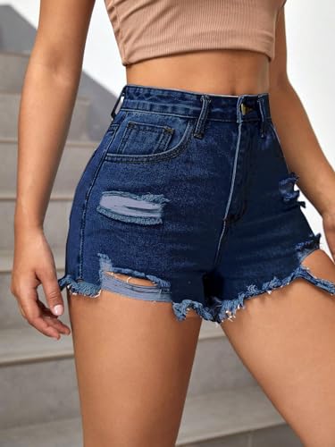 Image of Aahwan Blue Solid High Waist Ripped Raw Trim Denim Shorts Casual Summer Shorts for Women's & Girls