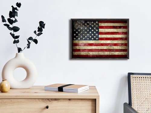 Image of Pyradecor Walnut Framed Wall Art Old Vintage American Flag Canvas Prints Abstract Landscape Pictures Paintings for Living Room Office Home Decorations