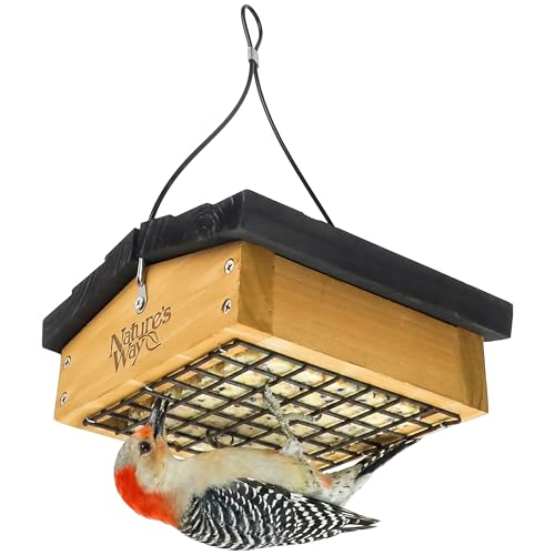 Natures Way Cedar Inverted Suet Feeder for Clinging Birds Hanging Suet Cage with Protective Roof Holds 1 Standard Suet Cake Natural Wood & Black