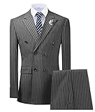 Jiaoyunshi Men's Pinstripe 3 Piece Suit Slim Fit Double Breasted Tuxedo Groomsmen for Wedding Blazer Vest and Pants (Grey,US46)