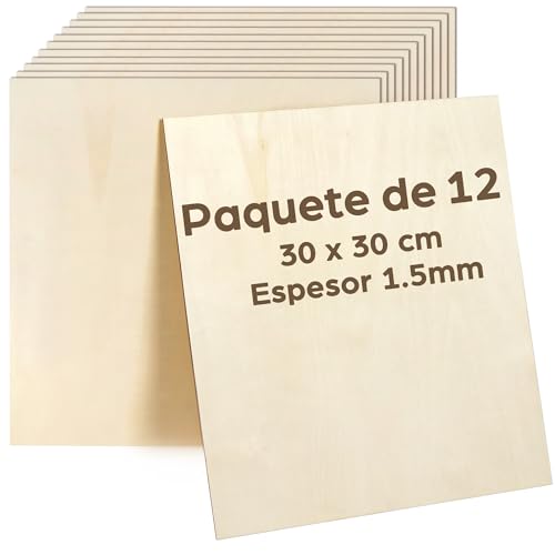 LotFancy Madera Contrachapada de 1,5 mm, 30 x 30 cm, 12 Piezas Paneles Finos de Bricolaje Cortados con Láser, Láminas de Madera Contrachapada, Manualidades, Kits de Construcción, Modelismo