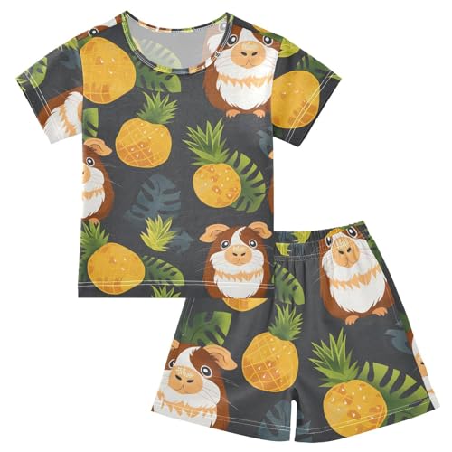 ALAZA Guinea Pig Pineapple Palm Leaves Pajamas Short Sleeve 2 Piece Sleepwear Top and Bottom Pajama Set Unisex