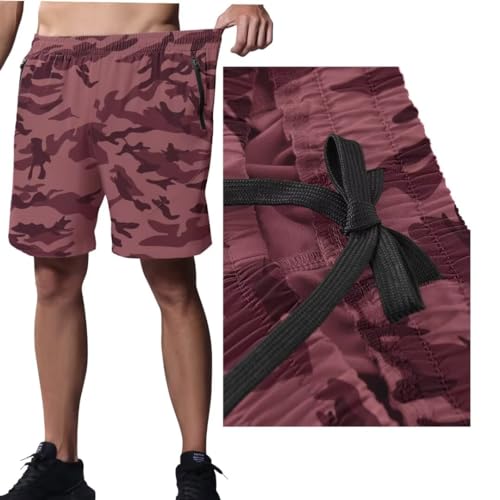HMIYA Herren Sport Shorts Kurze Hose Schnell Trocknend Sporthose Leicht mit Reißverschlusstasche(Camo Rosa,EU-2XL/US-XL)