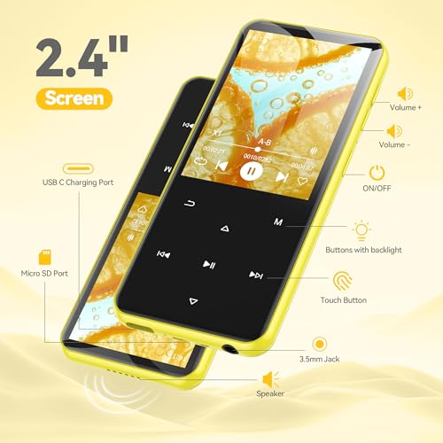 Image of AGPTEK 64GB MP3 Player with Bluetooth, M3 2.4 inch Music Player with Speaker and FM Radio, Touch Buttons, Supports Up to 128GB(Yellow) | with FM Radio, Touch Buttons, Supports Up to 128GB