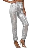 J&DHUASHA Womens Casual Sparkly Sequin Pants High Waist Glitter Joggers Pants Bling Party Skinny Pants(Silver, XL)